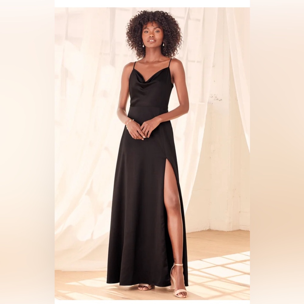 Formal Invitation Black Satin Cowl Neck Maxi Dress